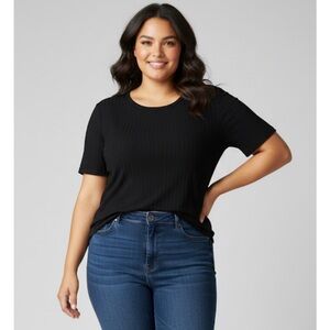 VINTAGE X AMERICA Ribbed Knit Round Neckline T-Shirt, Women’s XL, Black